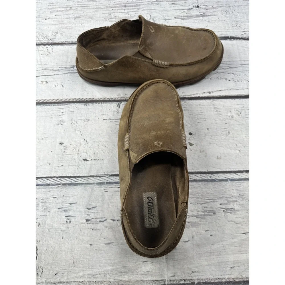 OluKai Moloa Slip On Shoes Brown Leather Loafers Fold Down 10128-2733 Size 10.5